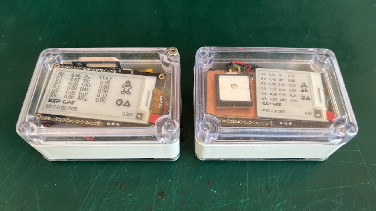 Two finished ESPc Logger builds in clear enclosures, showing their session displays